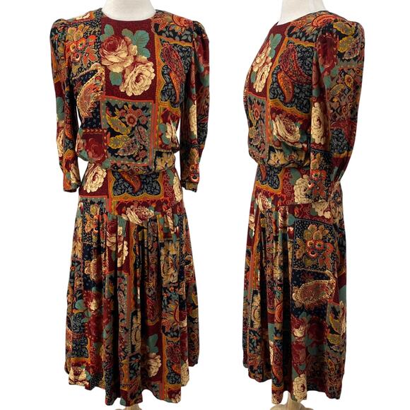 Vintage 80s Floral Paisley Patchwork Print Midi Dress Cinched Waist Blouson 8 - Picture 2 of 9
